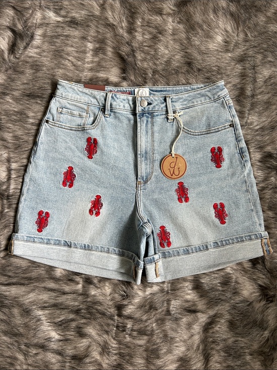 DRIFTWOOD Pants - NWT Driftwood Ava Cuff Light Blue Denim Shorts Red Lobster Embroidery Size 10